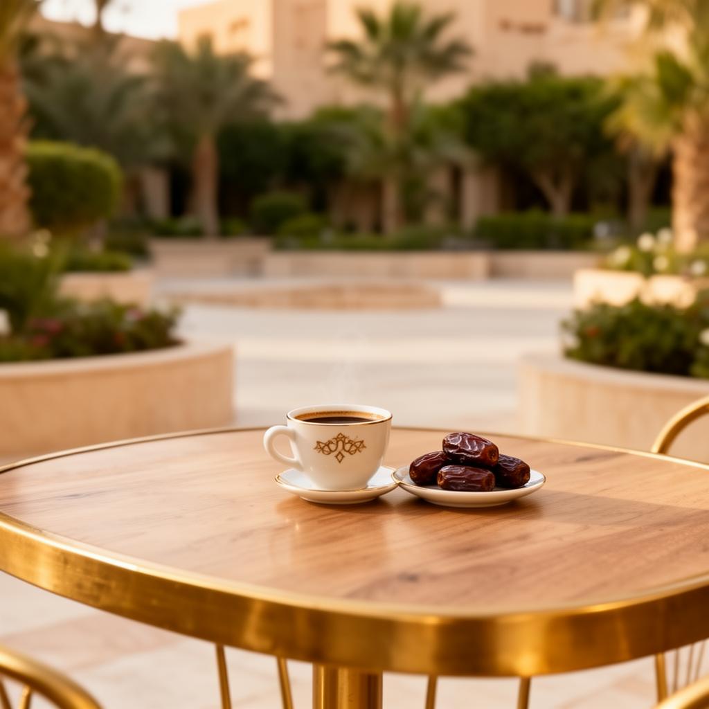 Arabic coffee and dates at a garden cafe table
