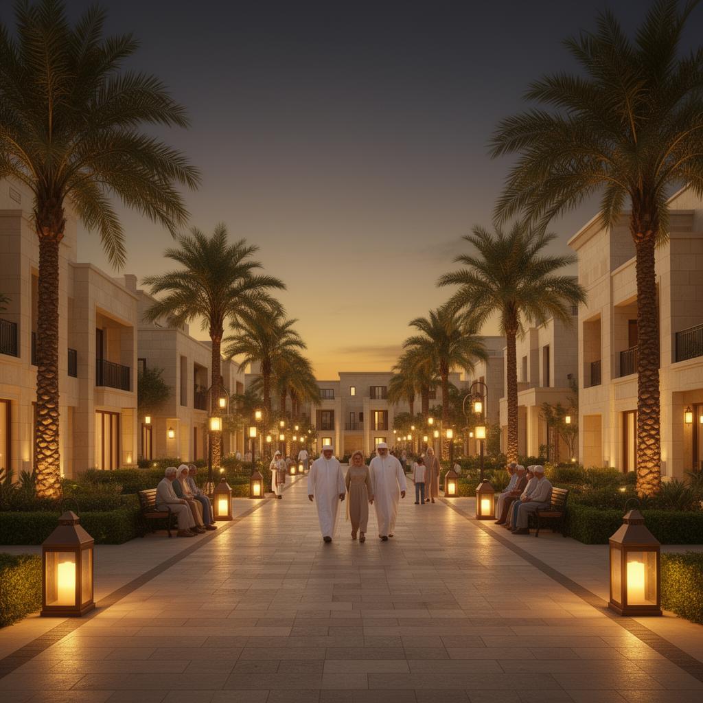 Madinaty plaza in the evening with warm lantern light